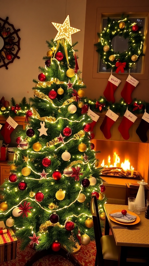 A decorated Christmas tree with lights and ornaments, a fireplace with stockings, and a festive table setting.